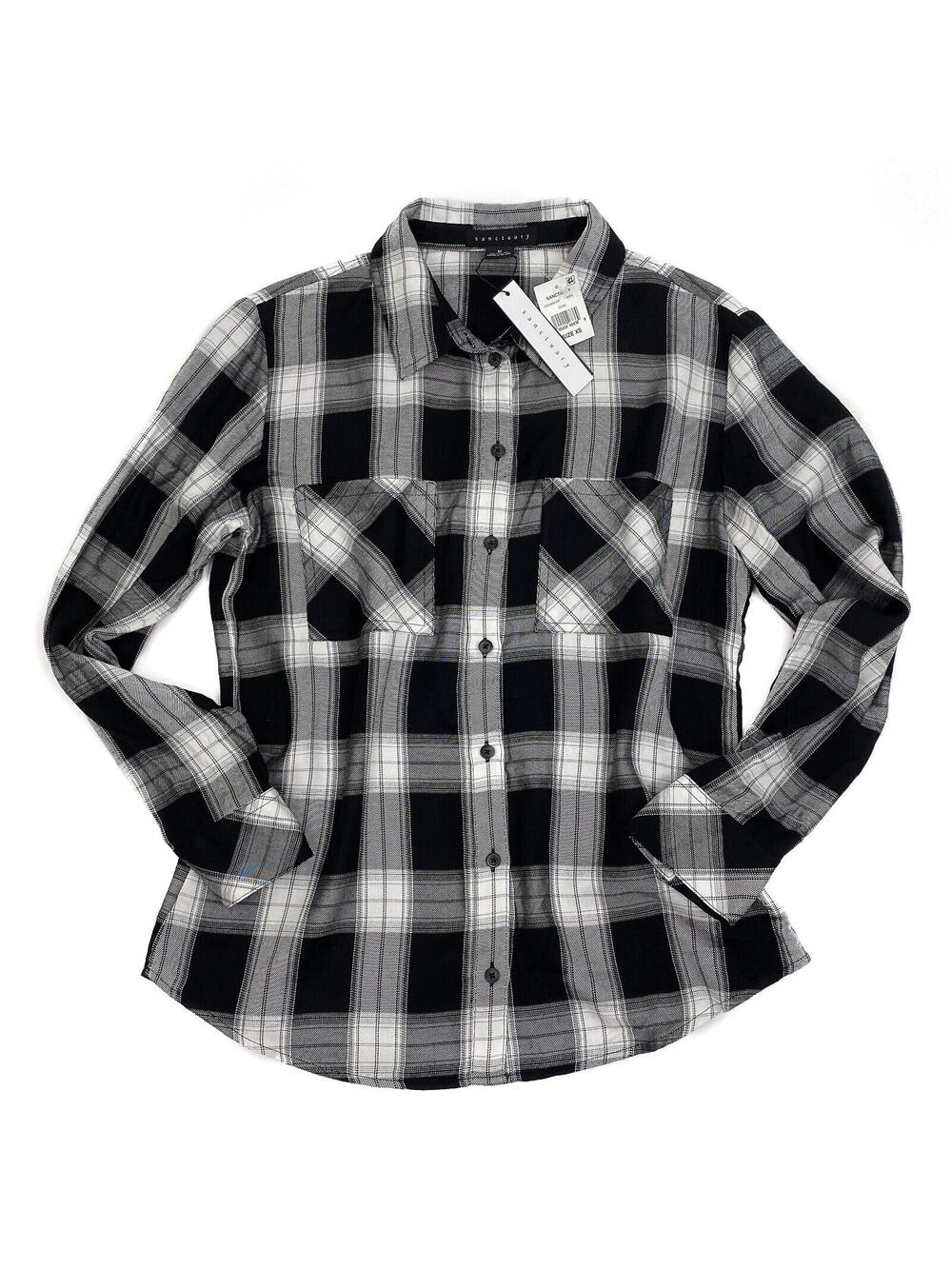 Sanctuary XS Relaxed Boyfriend Shirt Black White Plaid Soft Grunge Cozy Chic